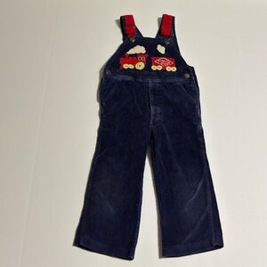 Vintage Popsicle Navy Blue Corduroy Train Embroidered Overalls Boys Red Trim